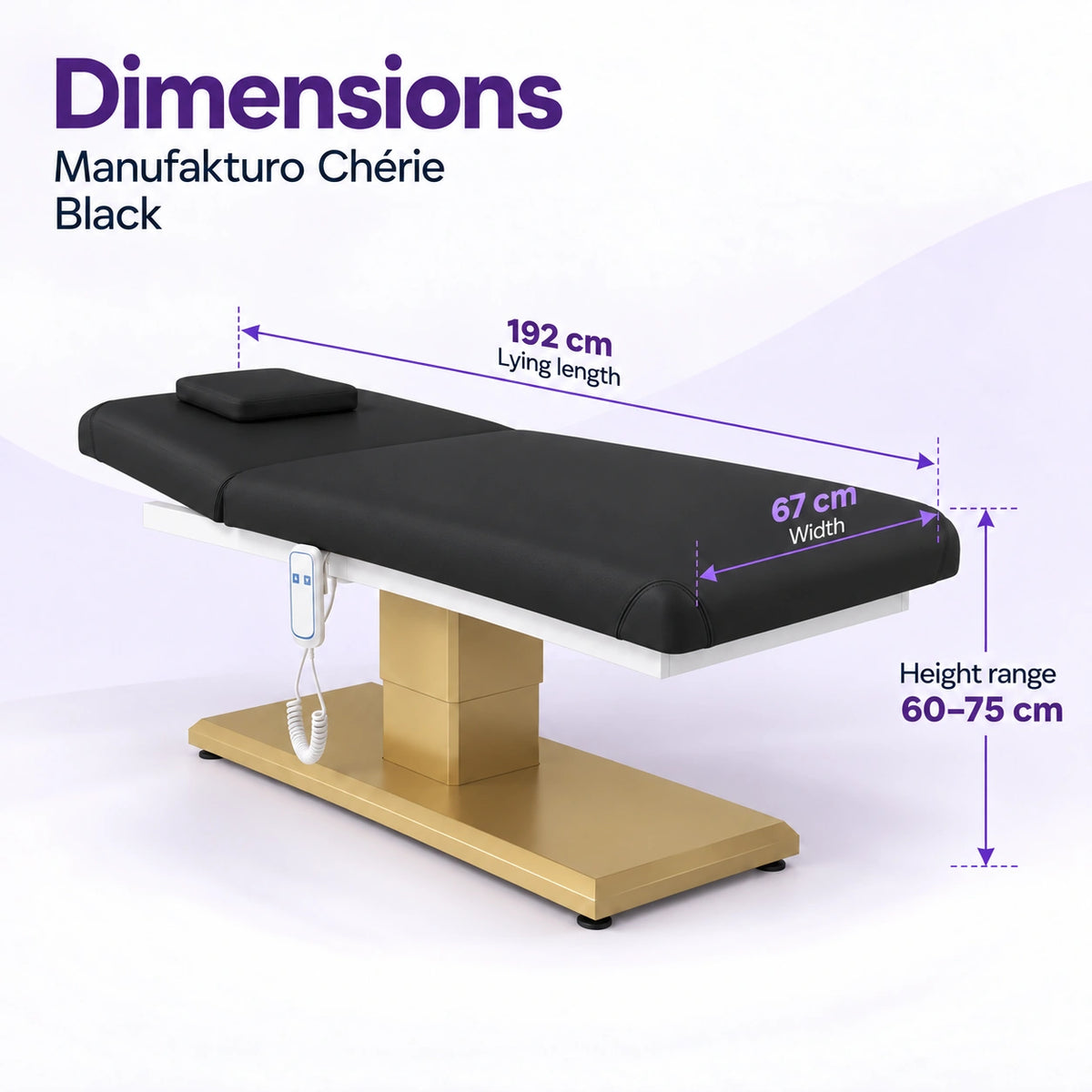 Manufakturo Chérie Black electric massage bed dimensions: 192 cm lying length, 67 cm width and adjustable height from 60 to 75 cm.