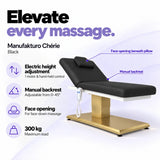Manufakturo Chérie Black massage bed: electric height adjustment with 1 motor and hand-held control, manual backrest adjustable from 0 to 45 degrees, face opening beneath the pillow and 300 kg maximum load. Elevate every massage.