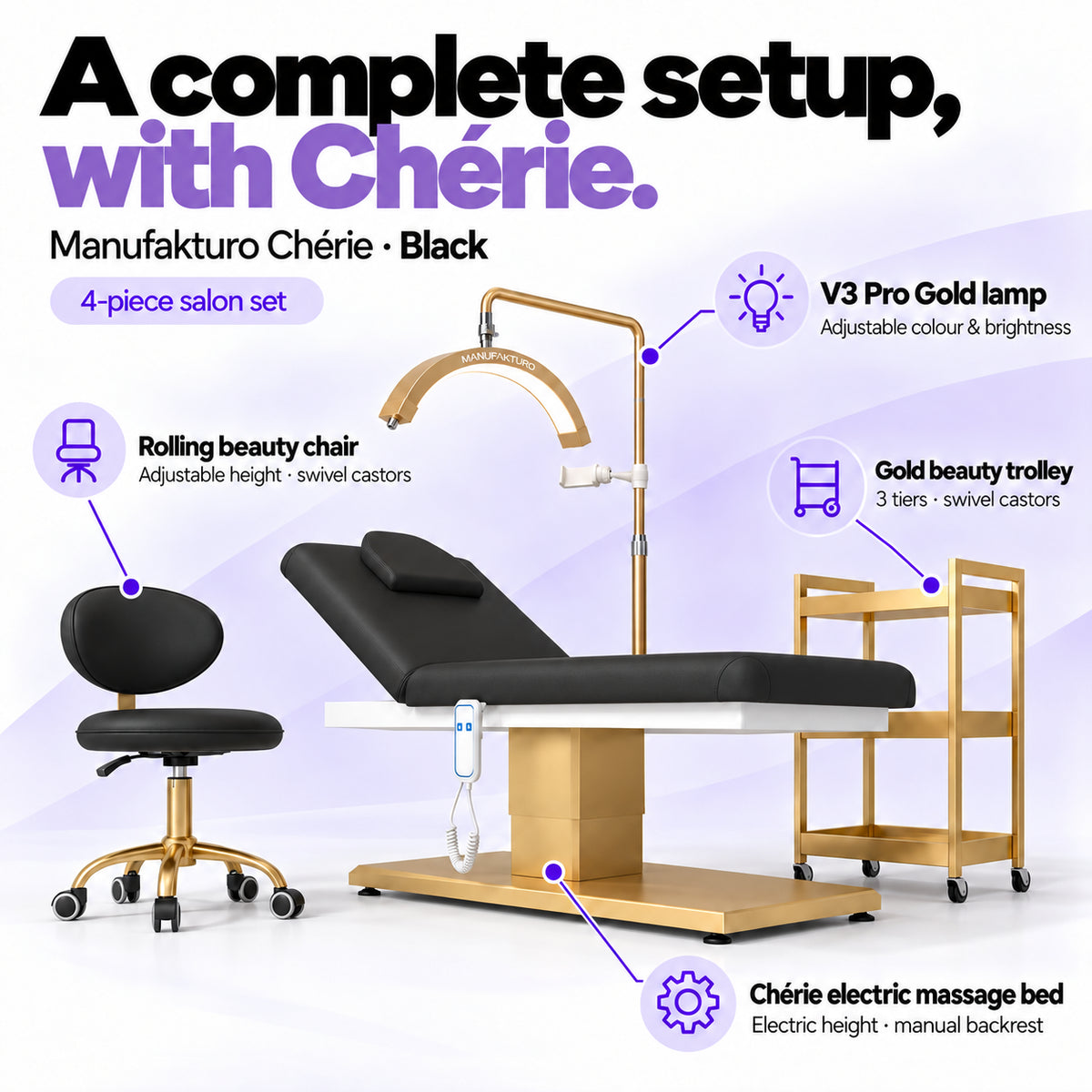 Manufakturo Chérie Black salon set features: electric bed height and manual backrest adjustment, height-adjustable rolling chair, V3 Pro Gold lamp with adjustable colour and brightness, and three-tier gold trolley.