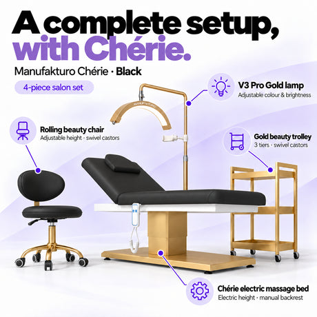 Manufakturo Chérie Black salon set features: electric bed height and manual backrest adjustment, height-adjustable rolling chair, V3 Pro Gold lamp with adjustable colour and brightness, and three-tier gold trolley.