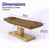 Manufakturo Chérie Caramel electric massage bed dimensions: 192 cm lying length, 67 cm width and adjustable height from 60 to 75 cm.