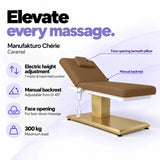 Manufakturo Chérie Caramel massage bed: electric height adjustment with 1 motor and hand-held control, manual backrest adjustable from 0 to 45 degrees, face opening beneath the pillow and 300 kg maximum load. Elevate every massage.