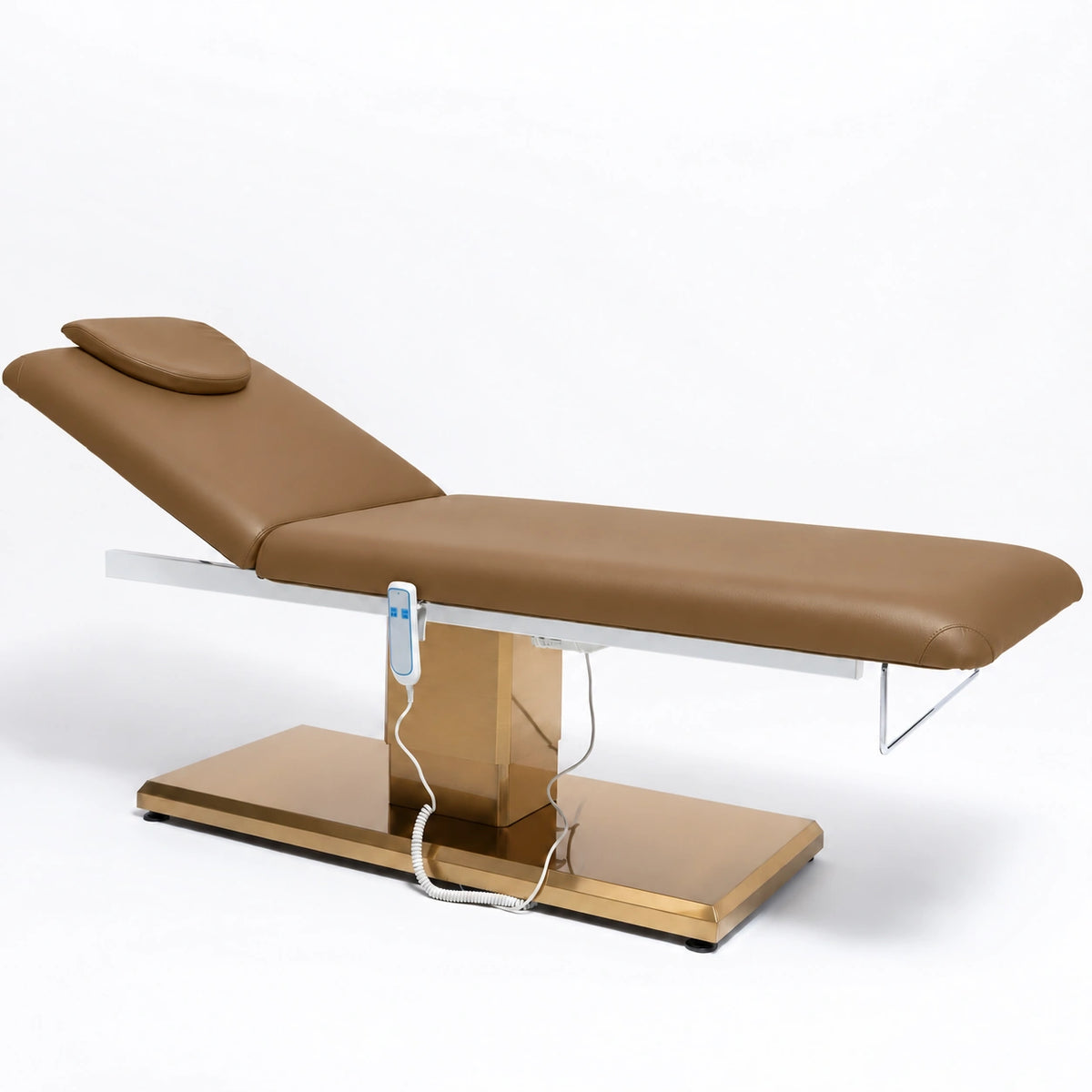 Manufakturo Chérie Caramel electric massage bed — full product studio view with raised backrest and gold base.