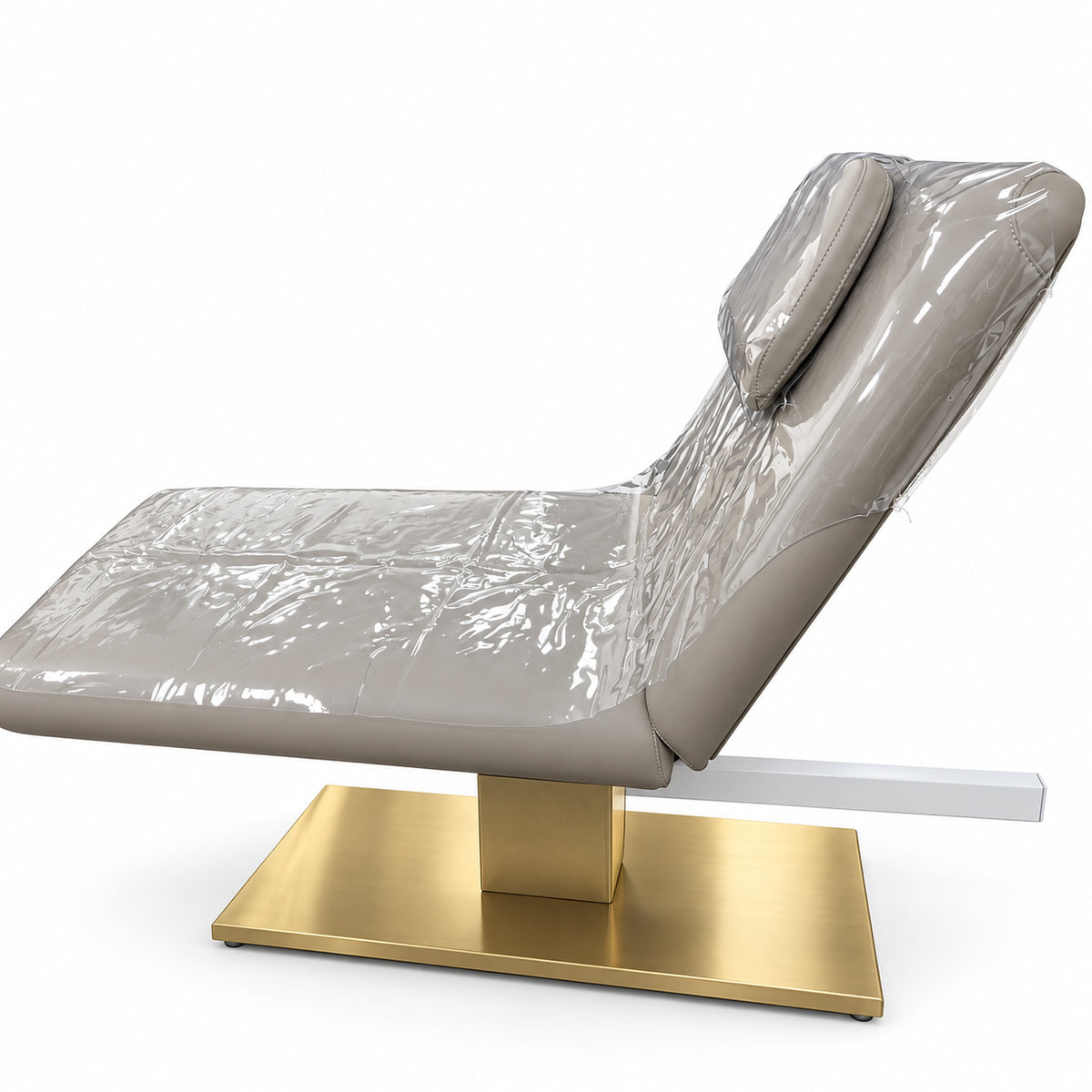 Side detail of Chérie protective covers, fitted cushion, white support frame and rectangular gold base