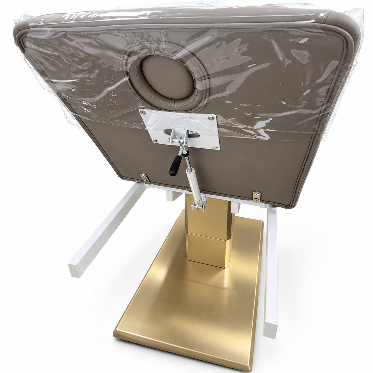 Rear detail of the Chérie clear backrest protector with its original adjustment mechanism and white support rails