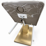 Rear detail of the Chérie clear backrest protector with its original adjustment mechanism and white support rails