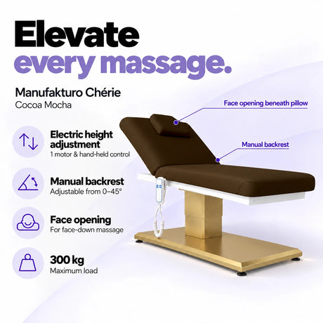 Manufakturo Chérie Cocoa Mocha massage bed: electric height adjustment with 1 motor and hand-held control, manual backrest adjustable from 0 to 45 degrees, face opening beneath the pillow and 300 kg maximum load. Elevate every massage.