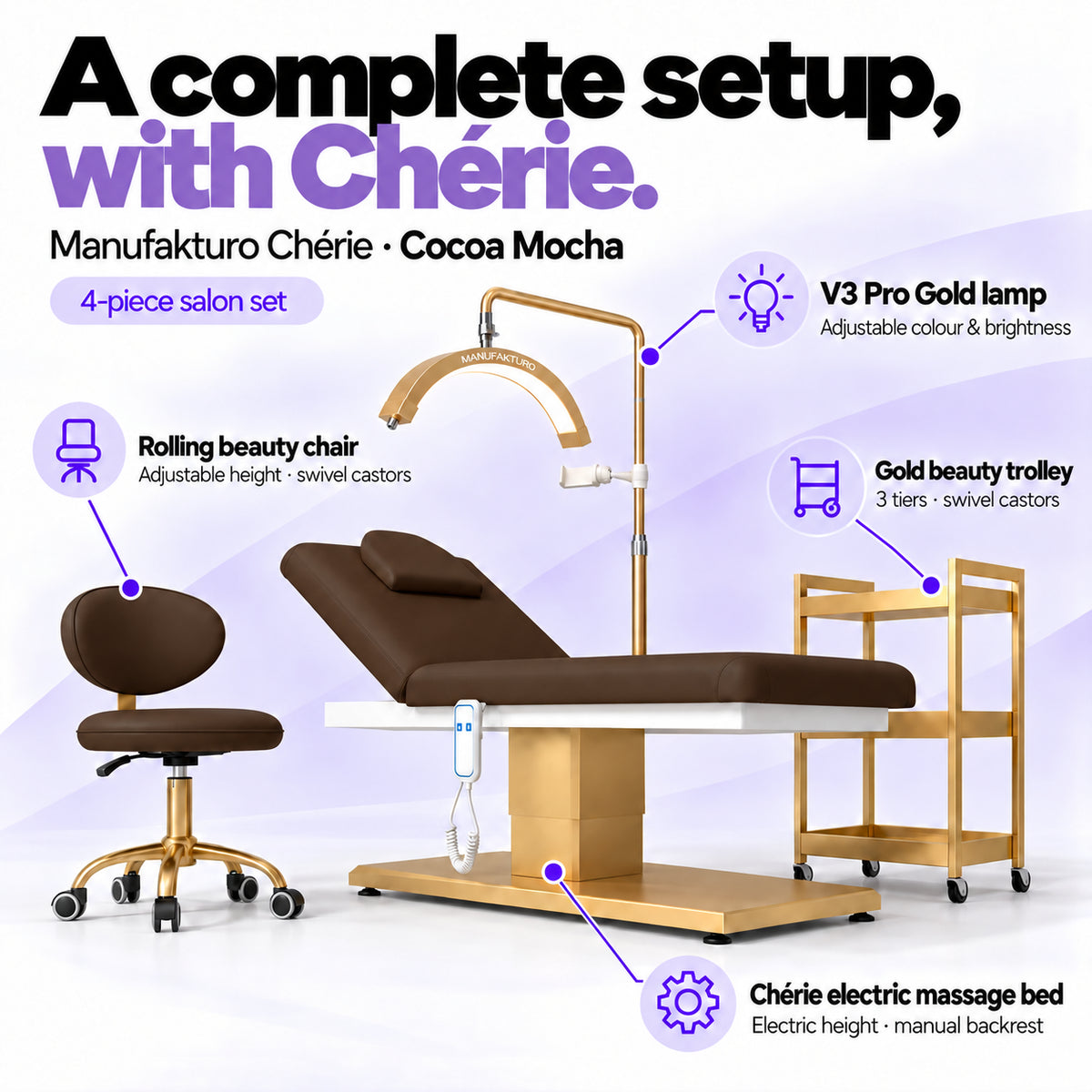 Manufakturo Chérie Cocoa Mocha salon set features: electric bed height and manual backrest adjustment, height-adjustable rolling chair, V3 Pro Gold lamp with adjustable colour and brightness, and three-tier gold trolley.