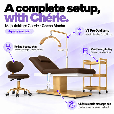 Manufakturo Chérie Cocoa Mocha salon set features: electric bed height and manual backrest adjustment, height-adjustable rolling chair, V3 Pro Gold lamp with adjustable colour and brightness, and three-tier gold trolley.
