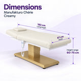 Manufakturo Chérie Creamy electric massage bed dimensions: 192 cm lying length, 67 cm width and adjustable height from 60 to 75 cm.