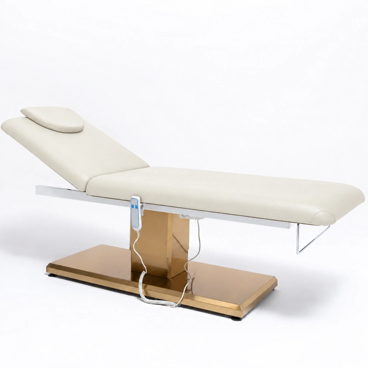 Manufakturo Chérie Creamy electric massage bed — full product studio view with raised backrest and gold base.