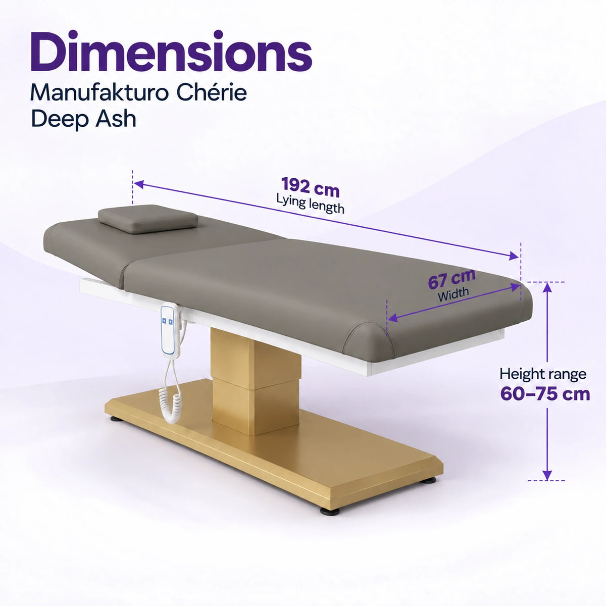 Manufakturo Chérie Deep Ash electric massage bed dimensions: 192 cm lying length, 67 cm width and adjustable height from 60 to 75 cm.