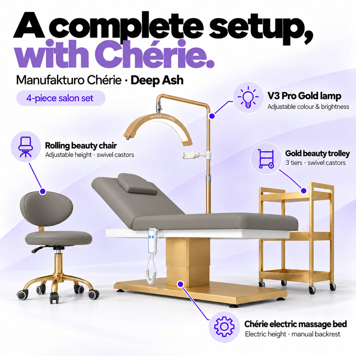 Manufakturo Chérie Deep Ash salon set features: electric bed height and manual backrest adjustment, height-adjustable rolling chair, V3 Pro Gold lamp with adjustable colour and brightness, and three-tier gold trolley.