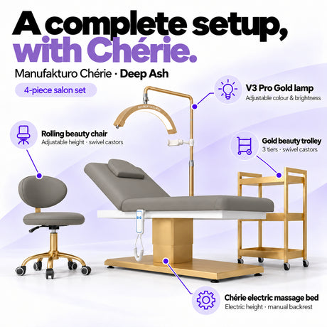 Manufakturo Chérie Deep Ash salon set features: electric bed height and manual backrest adjustment, height-adjustable rolling chair, V3 Pro Gold lamp with adjustable colour and brightness, and three-tier gold trolley.