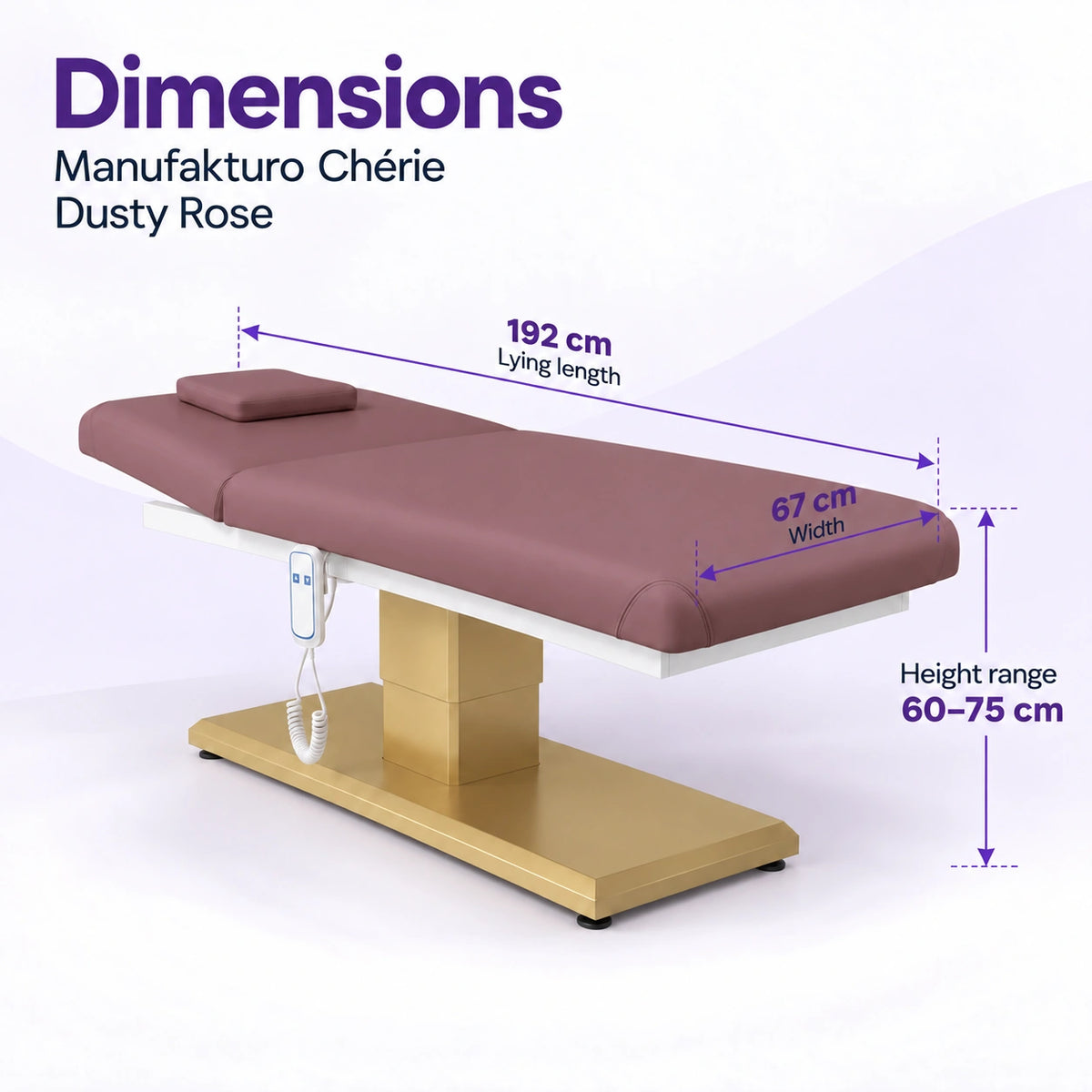 Manufakturo Chérie Dusty Rose electric massage bed dimensions: 192 cm lying length, 67 cm width and adjustable height from 60 to 75 cm.
