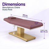 Manufakturo Chérie Dusty Rose electric massage bed dimensions: 192 cm lying length, 67 cm width and adjustable height from 60 to 75 cm.