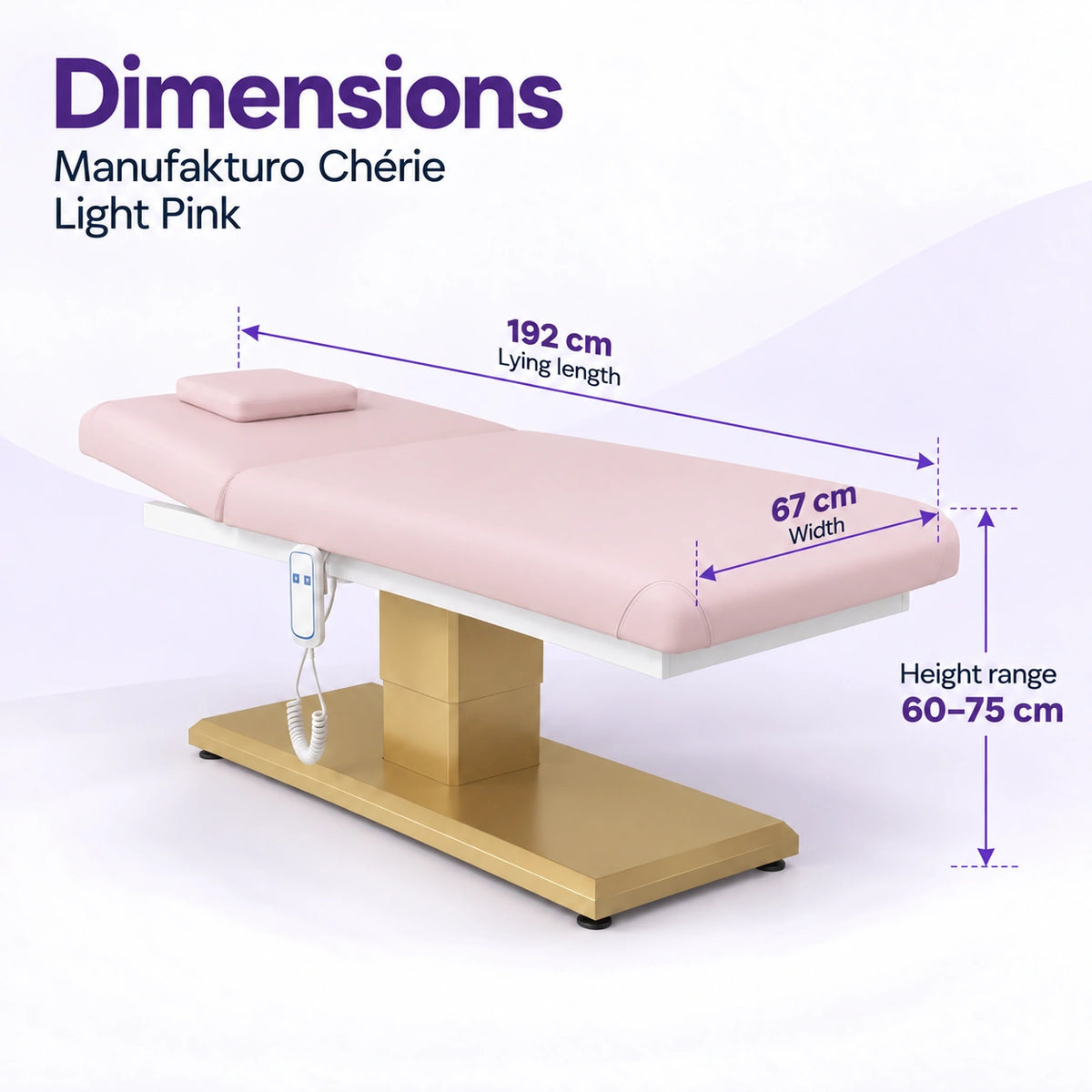 Manufakturo Chérie Light Pink electric massage bed dimensions: 192 cm lying length, 67 cm width and adjustable height from 60 to 75 cm.