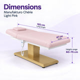 Manufakturo Chérie Light Pink electric massage bed dimensions: 192 cm lying length, 67 cm width and adjustable height from 60 to 75 cm.