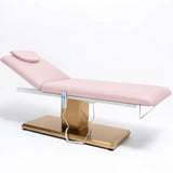 Manufakturo Chérie Light Pink electric massage bed — full product studio view with raised backrest and gold base.