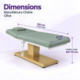 Manufakturo Chérie Olive electric massage bed dimensions: 192 cm lying length, 67 cm width and adjustable height from 60 to 75 cm.