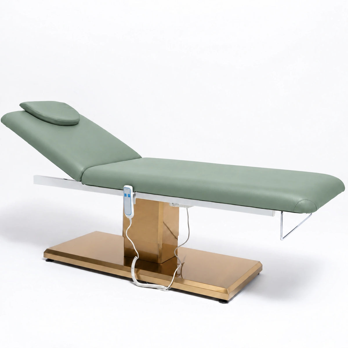 Manufakturo Chérie Olive electric massage bed — full product studio view with raised backrest and gold base.