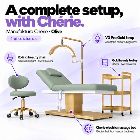Manufakturo Chérie Olive salon set features: electric bed height and manual backrest adjustment, height-adjustable rolling chair, V3 Pro Gold lamp with adjustable colour and brightness, and three-tier gold trolley.
