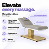 Manufakturo Chérie Pearl Greige massage bed: electric height adjustment with 1 motor and hand-held control, manual backrest adjustable from 0 to 45 degrees, face opening beneath the pillow and 300 kg maximum load. Elevate every massage.