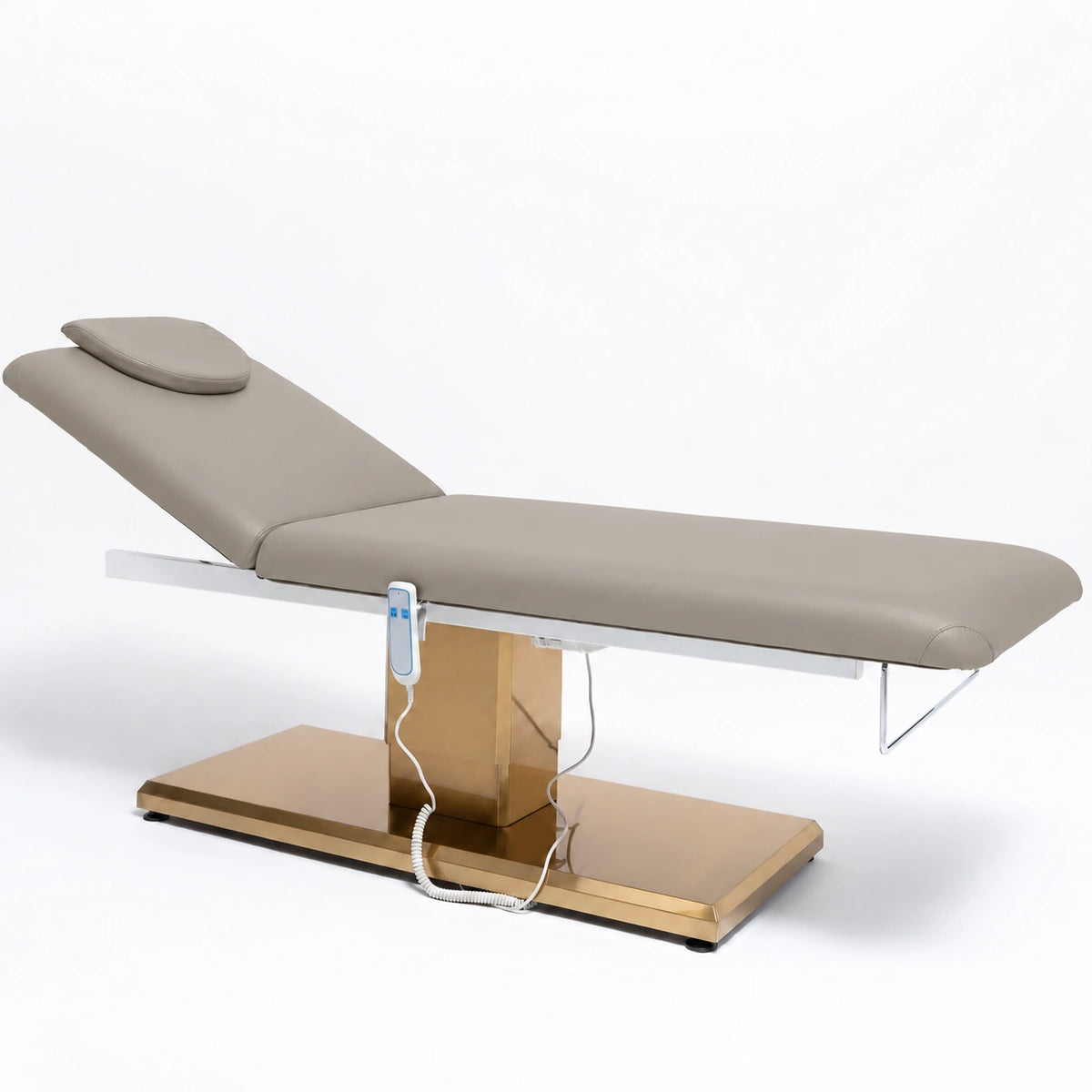Manufakturo Chérie Stone Taupe electric massage bed — full product studio view with raised backrest and gold base.