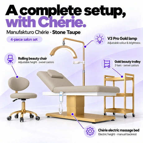 Manufakturo Chérie Stone Taupe salon set features: electric bed height and manual backrest adjustment, height-adjustable rolling chair, V3 Pro Gold lamp with adjustable colour and brightness, and three-tier gold trolley.