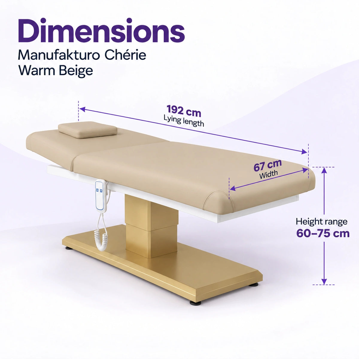 Manufakturo Chérie Warm Beige electric massage bed dimensions: 192 cm lying length, 67 cm width and adjustable height from 60 to 75 cm.