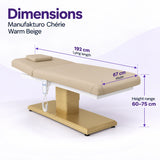 Manufakturo Chérie Warm Beige electric massage bed dimensions: 192 cm lying length, 67 cm width and adjustable height from 60 to 75 cm.