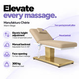 Manufakturo Chérie Warm Beige massage bed: electric height adjustment with 1 motor and hand-held control, manual backrest adjustable from 0 to 45 degrees, face opening beneath the pillow and 300 kg maximum load. Elevate every massage.