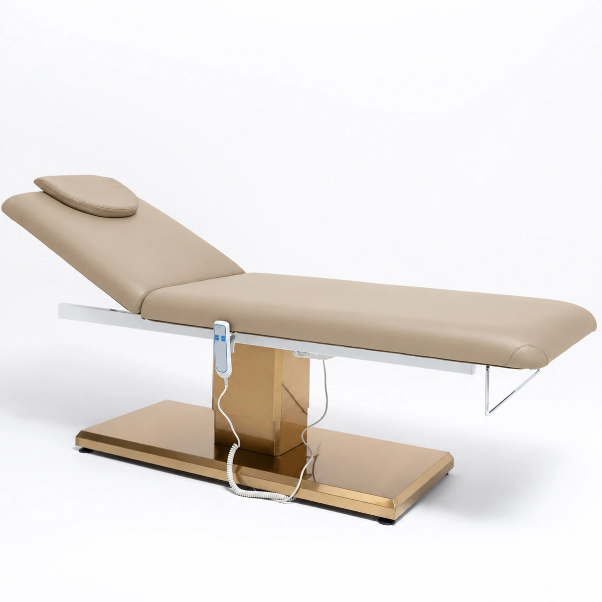 Manufakturo Chérie Warm Beige electric massage bed — full product studio view with raised backrest and gold base.