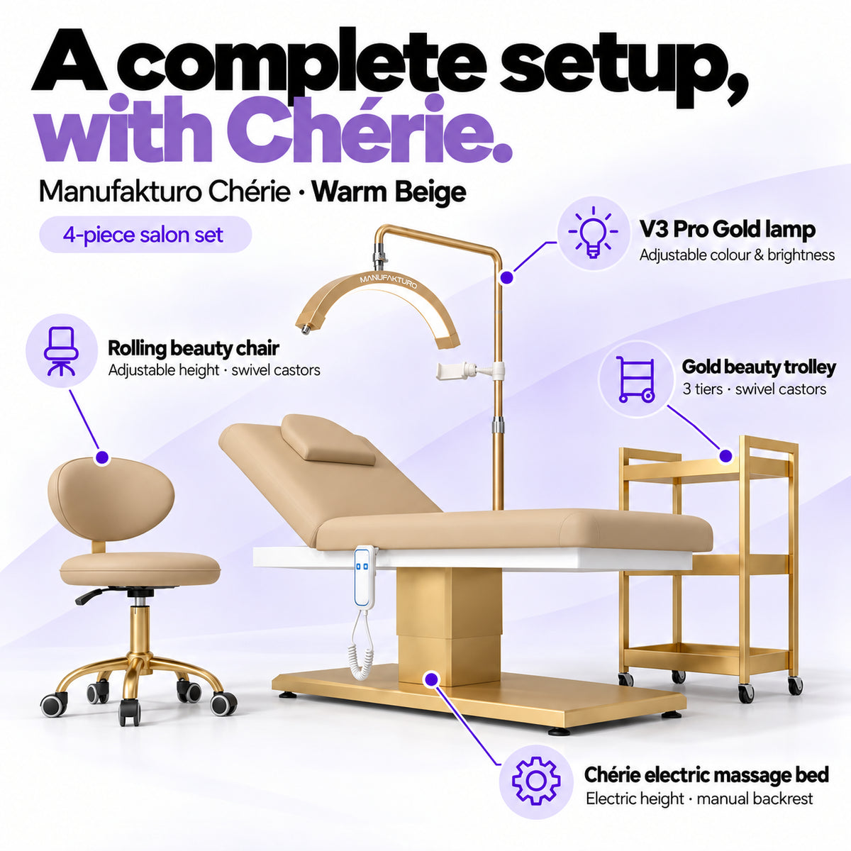 Manufakturo Chérie Warm Beige salon set features: electric bed height and manual backrest adjustment, height-adjustable rolling chair, V3 Pro Gold lamp with adjustable colour and brightness, and three-tier gold trolley.