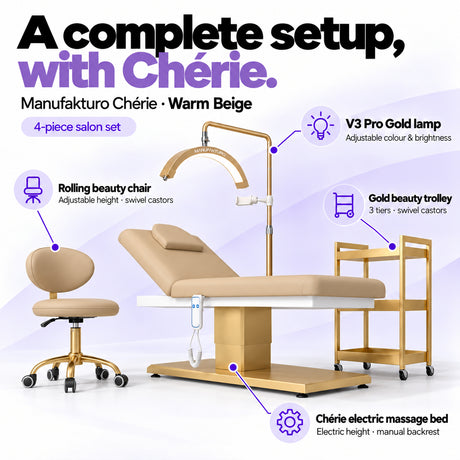 Manufakturo Chérie Warm Beige salon set features: electric bed height and manual backrest adjustment, height-adjustable rolling chair, V3 Pro Gold lamp with adjustable colour and brightness, and three-tier gold trolley.