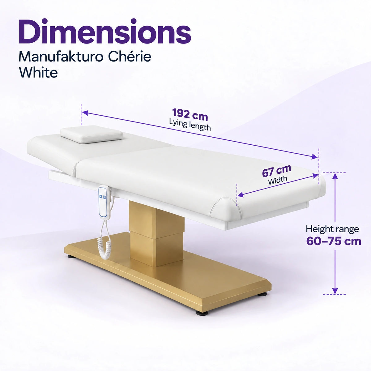 Manufakturo Chérie White electric massage bed dimensions: 192 cm lying length, 67 cm width and adjustable height from 60 to 75 cm.