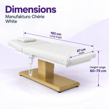 Manufakturo Chérie White electric massage bed dimensions: 192 cm lying length, 67 cm width and adjustable height from 60 to 75 cm.