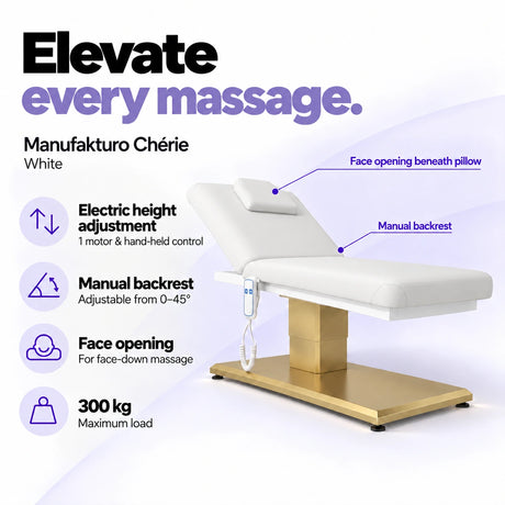 Manufakturo Chérie White massage bed: electric height adjustment with 1 motor and hand-held control, manual backrest adjustable from 0 to 45 degrees, face opening beneath the pillow and 300 kg maximum load. Elevate every massage.