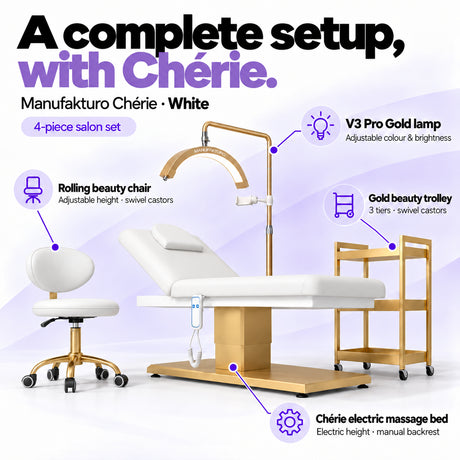 Manufakturo Chérie White salon set features: electric bed height and manual backrest adjustment, height-adjustable rolling chair, V3 Pro Gold lamp with adjustable colour and brightness, and three-tier gold trolley.