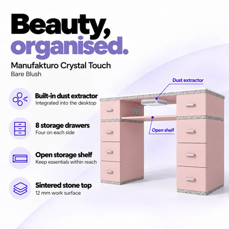 Manufakturo Crystal Touch Bare Blush manicure table with built-in dust extractor, eight storage drawers, an open shelf and a 12 mm sintered stone worktop.