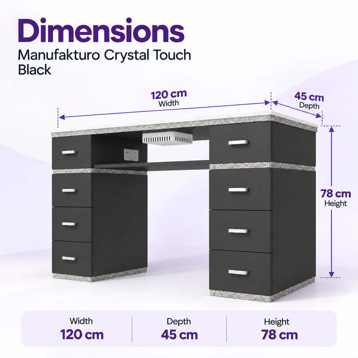 Manufakturo Crystal Touch Black manicure table dimensions: 120 cm wide, 45 cm deep and 78 cm high.