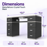 Manufakturo Crystal Touch Black manicure table dimensions: 120 cm wide, 45 cm deep and 78 cm high.