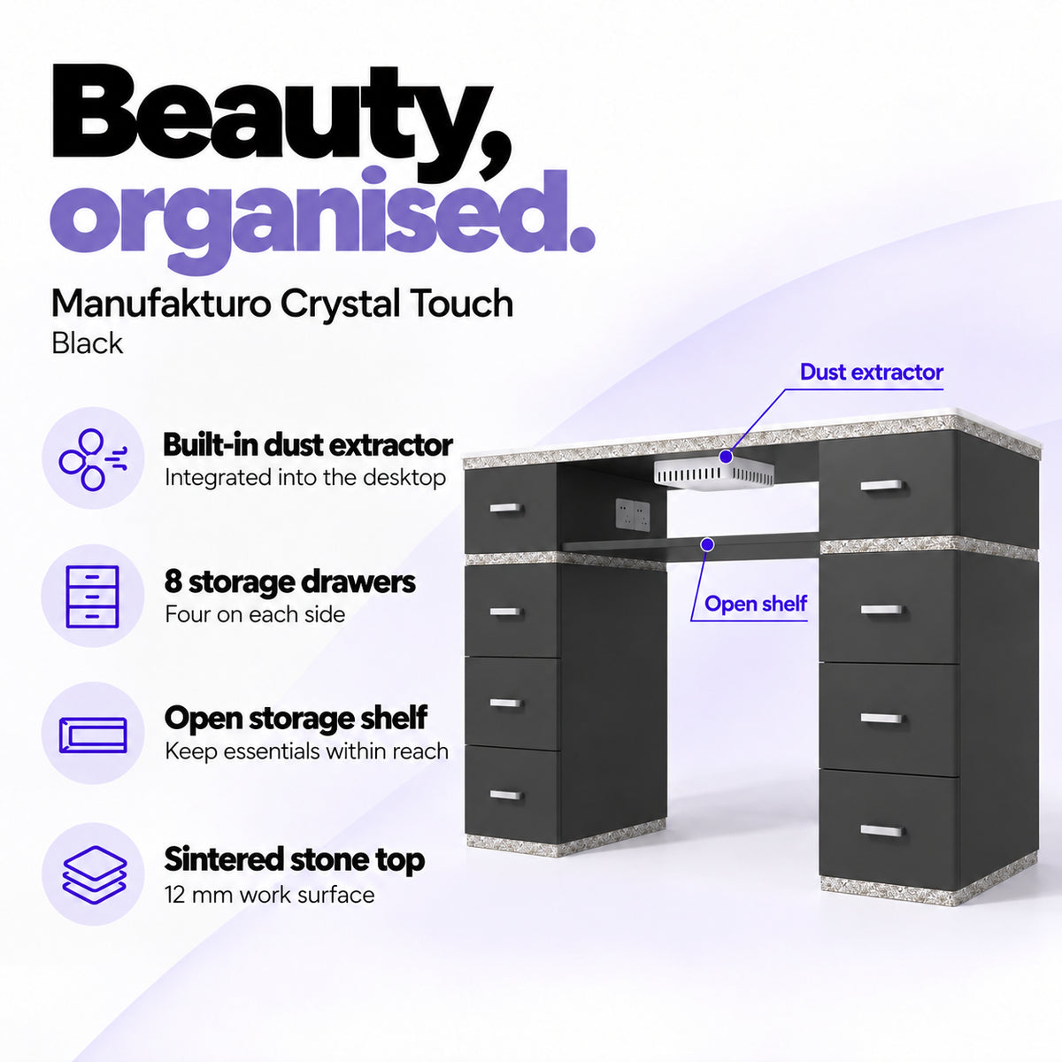 Manufakturo Crystal Touch Black manicure table with built-in dust extractor, eight storage drawers, an open shelf and a 12 mm sintered stone worktop.