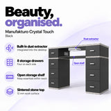 Manufakturo Crystal Touch Black manicure table with built-in dust extractor, eight storage drawers, an open shelf and a 12 mm sintered stone worktop.