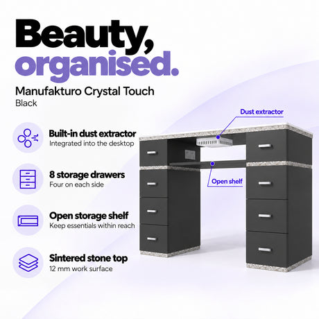 Manufakturo Crystal Touch Black manicure table with built-in dust extractor, eight storage drawers, an open shelf and a 12 mm sintered stone worktop.