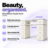 Manufakturo Crystal Touch Creamy manicure table with built-in dust extractor, eight storage drawers, an open shelf and a 12 mm sintered stone worktop.