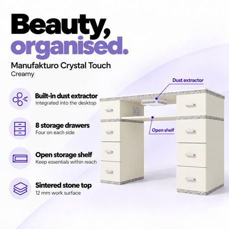Manufakturo Crystal Touch Creamy manicure table with built-in dust extractor, eight storage drawers, an open shelf and a 12 mm sintered stone worktop.