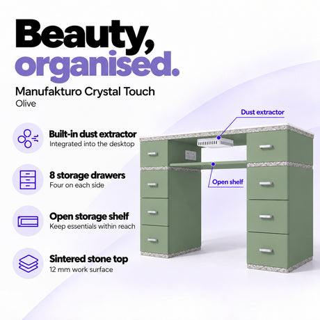 Manufakturo Crystal Touch Olive manicure table with built-in dust extractor, eight storage drawers, an open shelf and a 12 mm sintered stone worktop.