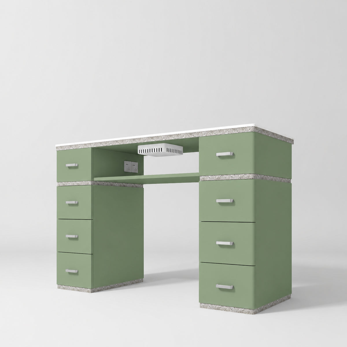 Manufakturo Crystal Touch Olive manicure table with white worktop, silver trim, eight drawers and built-in dust extractor, shown on a light grey studio background.