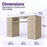 Manufakturo Crystal Touch Warm Beige manicure table dimensions: 120 cm wide, 45 cm deep and 78 cm high.